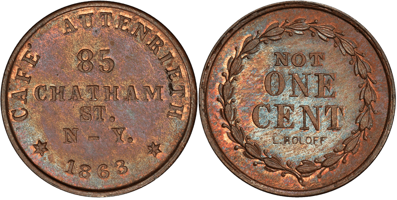 (1863) Copper Civil War Store Card F-630B-5a, Cafe Autenrieth NY
