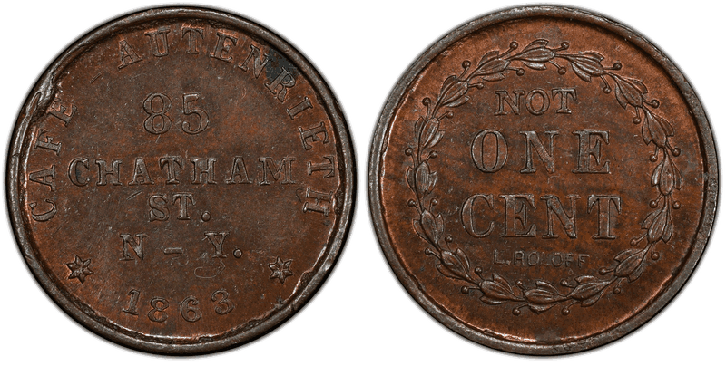(1863) Copper Civil War Store Card F-630B-6a, Cafe Autenrieth NY