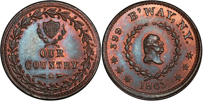 (1863) Copper Civil War Store Card F-630BB-11a, GW-628 399 B'Way NY