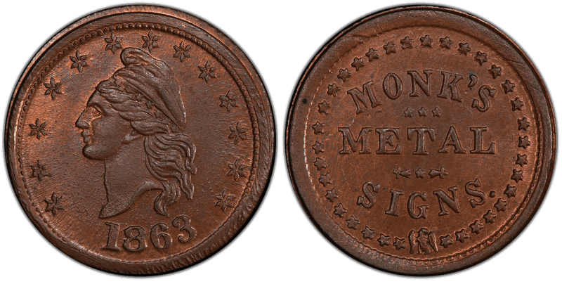 (1863) Copper Civil War Store Card F-630BB-1a, Monk's NY