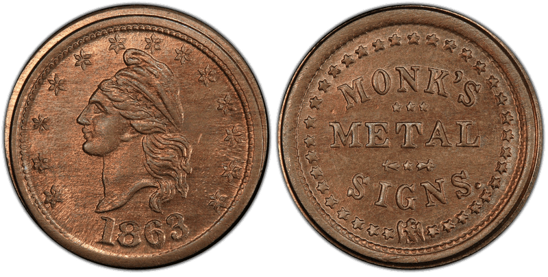 (1863) Copper-Nickel Civil War Store Card F-630BB-1d, Monk's NY
