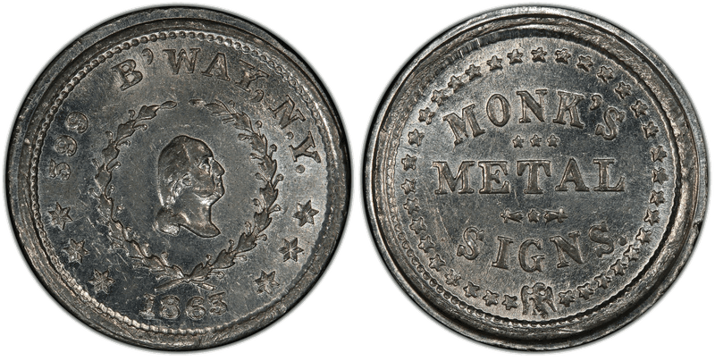 (1863) White Metal Civil War Store Card F-630BB-7e, Monk's NY