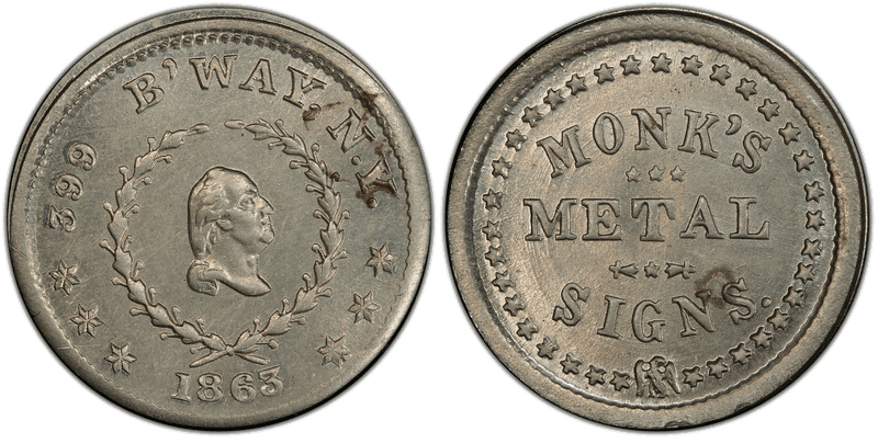 (1863) German-Silver Civil War Store Card F-630BB-7j, Monk's NY