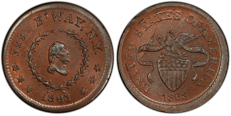 (1863) Copper Civil War Store Card F-630BB-9A, GW-630 Monk's Metal Signs NY