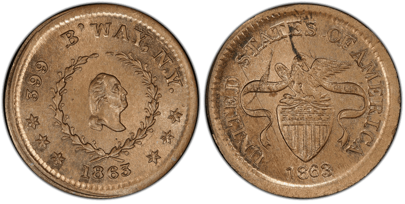 (1863) Copper-Nickel Civil War Store Card F-630BB-9d, 399 B'Way NY