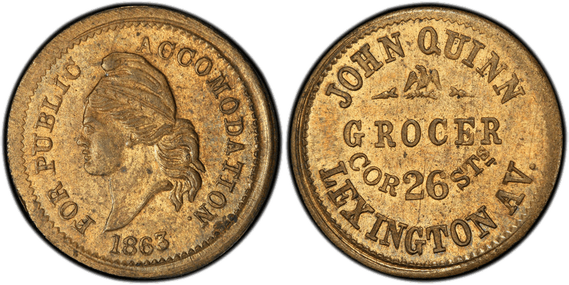 (1863) Brass Civil War Store Card F-630BG-1b, John Quinn NY