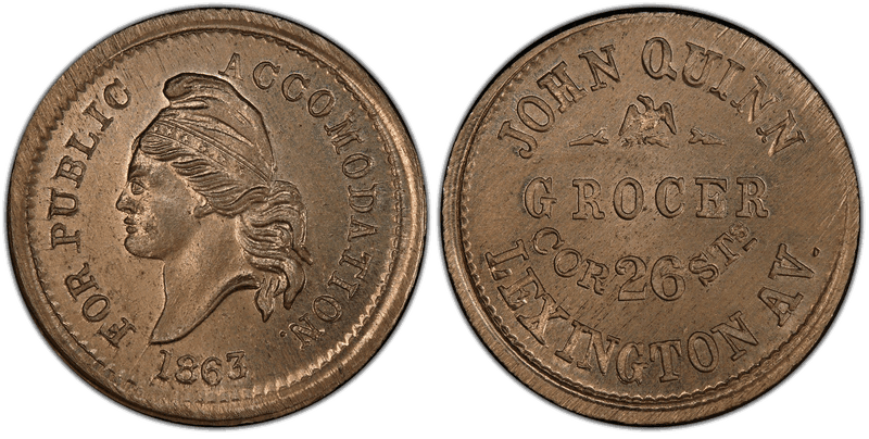 (1863) Copper-Nickel Civil War Store Card F-630BG-1d, John Quinn NY