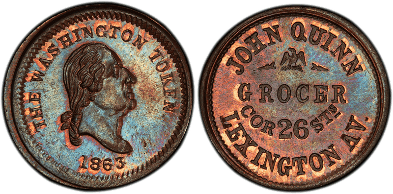 (1863) Copper Civil War Store Card F-630BG-2a, John Quinn NY