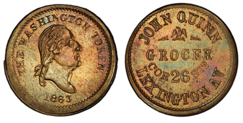 (1863) Brass Civil War Store Card F-630BG-2b, Thick Plan John Quinn NY