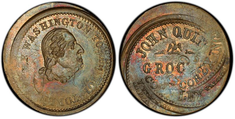 (1863) Brass Civil War Store Card F-630BG-2b, Thin Plan John Quinn, Dbl Strk NY