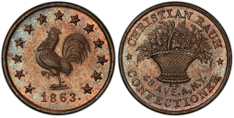 (1863) Copper Civil War Store Card F-630BH-1a, Christian Rauh NY