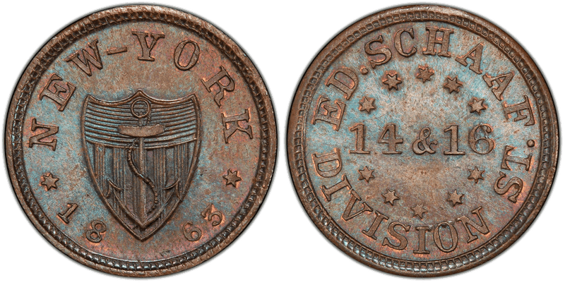 (1863) Copper Civil War Store Card F-630BK-1a, Ed. Schaaf NY