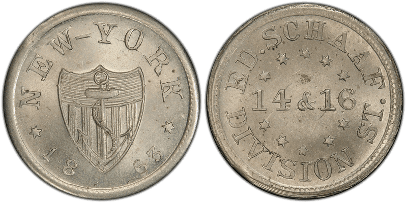 (1863) German-Silver Civil War Store Card F-630BK-1j, Ed. Schaaf NY