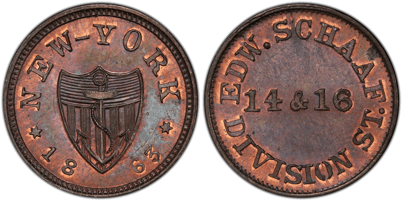 (1863) Copper Civil War Store Card F-630BK-2a, Edw. Schaaf NY