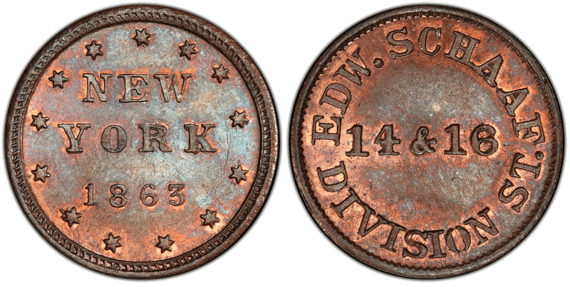 (1863) Copper Civil War Store Card F-630BK-3a, Edw. Schaaf NY