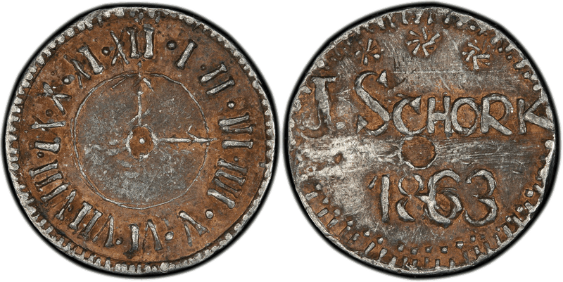 (1863) Lead Civil War Store Card F-630BL-1g, J Schork NY