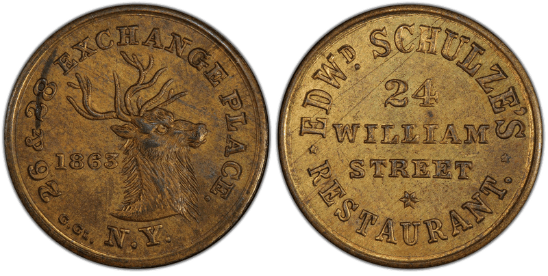(1863) Brass Civil War Store Card F-630BO-1b, Edwd. Schulze's NY