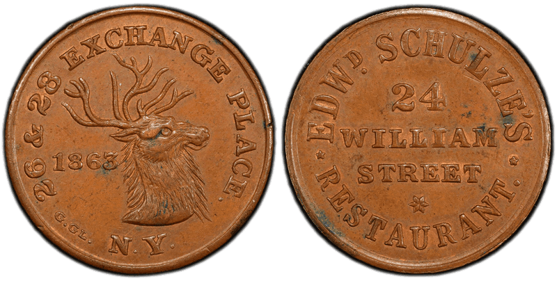 (1863) Copper Civil War Store Card F-630BO-2a, Edwd. Schulze's NY