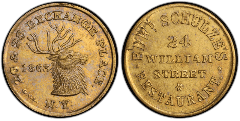 (1863) Brass Civil War Store Card F-630BO-2b, Edwd. Schulze's NY