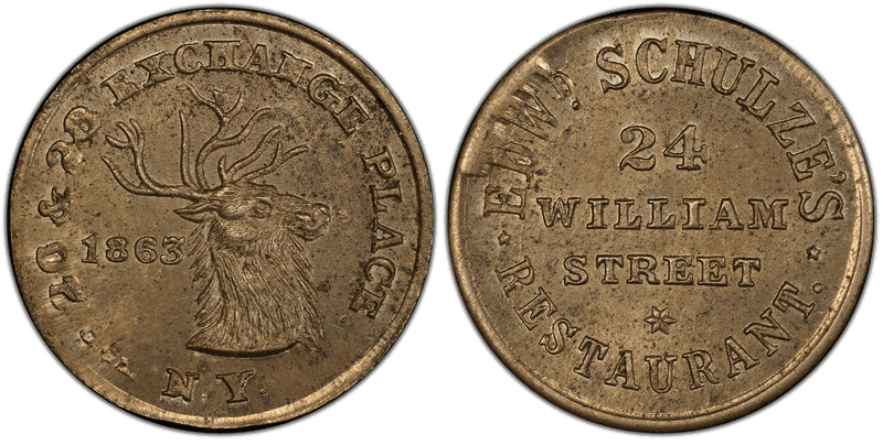 (1863) German-Silver Civil War Store Card F-630BO-2j, Edwd. Schulze's NY