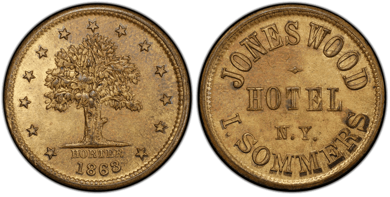 (1863) Brass Civil War Store Card F-630BR-1b, Jones Wood NY
