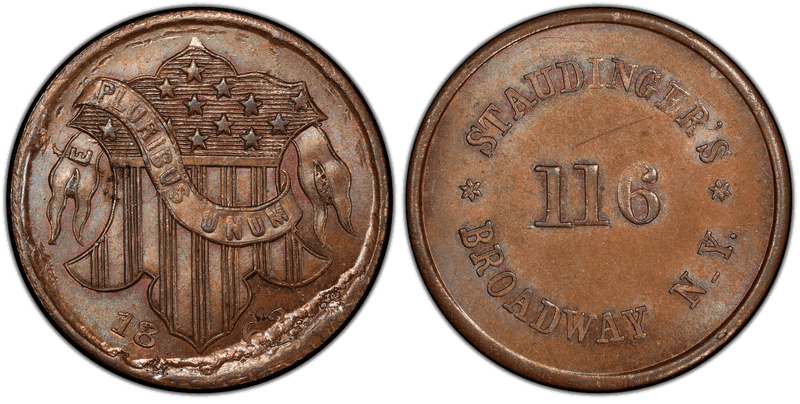 (1863) Copper Civil War Store Card F-630BS-1a, Staudinger's NY