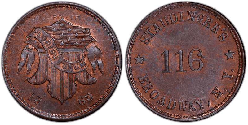 (1863) Copper Civil War Store Card F-630BS-2a, Staudinger''s NY