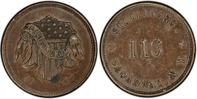 (1863) Copper Civil War Store Card F-630BS-2ao, Staudinger's NY