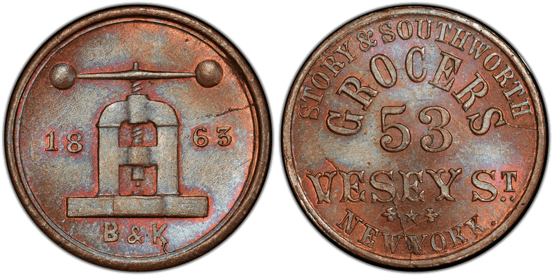 (1863) Copper Civil War Store Card F-630BV-1a, Story & Southworth NY
