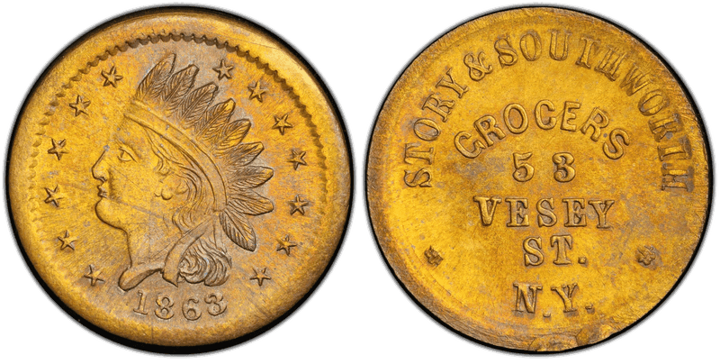 (1863) Brass Civil War Store Card F-630BV-4b, Story & Southworth NY