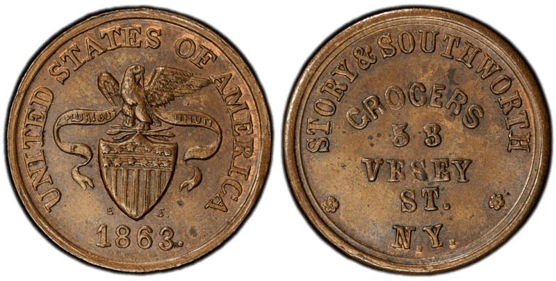 (1863) Copper Civil War Store Card F-630BV-6a, Story & Southworth NY