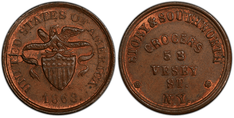 (1863) Copper Civil War Store Card F-630BV-7a, Story & Southworth NY
