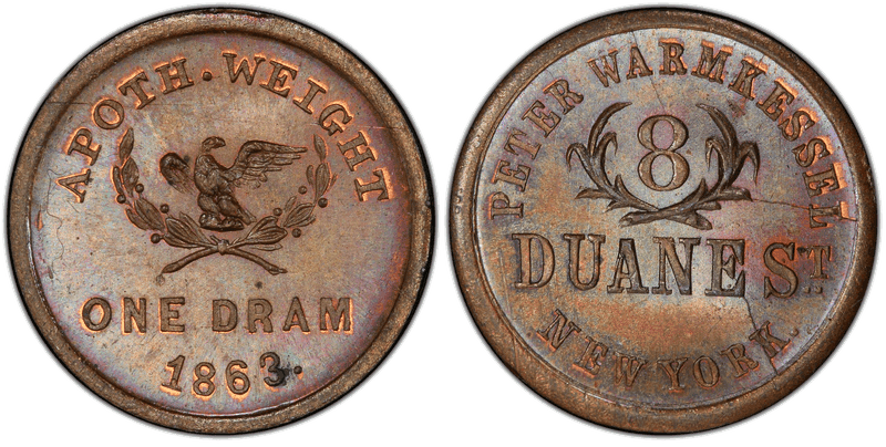 (1863) Copper Civil War Store Card F-630BZ-2a, Peter Warmkessel NY