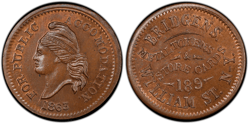 (1863) Copper Civil War Store Card F-630J-1a, Bridgens NY