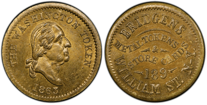 (1863) Brass Civil War Store Card F-630J-2b, GW-577 Bridgens NY