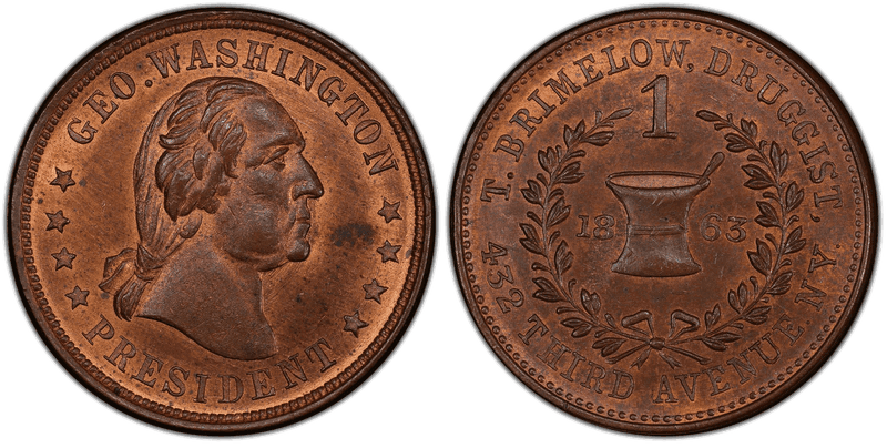 (1863) Copper Civil War Store Card F-630K-1a, GW-666, T. Brimelow NY