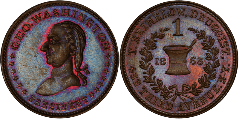 (1863) Copper Civil War Store Card F-630K-2A, GW-664 T. Brimelow NY