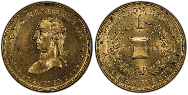 (1863) Brass Civil War Store Card F-630K-2b, T. Brimelow NY