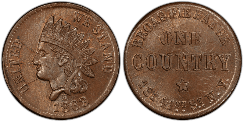 (1863) Copper Civil War Store Card F-630L-14a, Broas Pie Baker NY