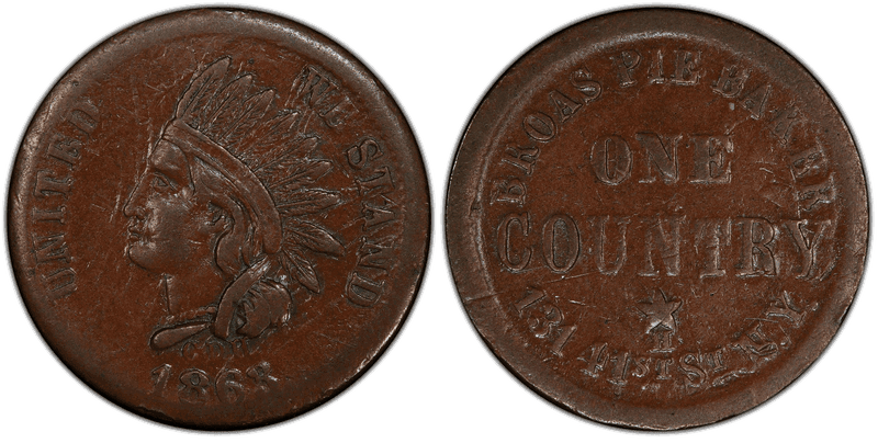 (1863) Copper Civil War Store Card F-630L-16a, Broas Pie Baker NY