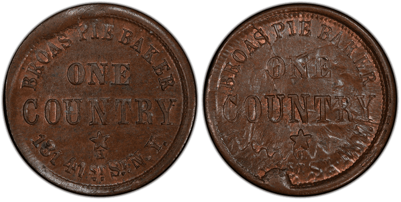 (1863) Copper Civil War Store Card F-630L-17a, Broas Pie Baker NY