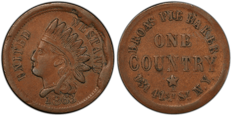 (1863) Copper Civil War Store Card F-630L-9a, Broas Pie Baker NY