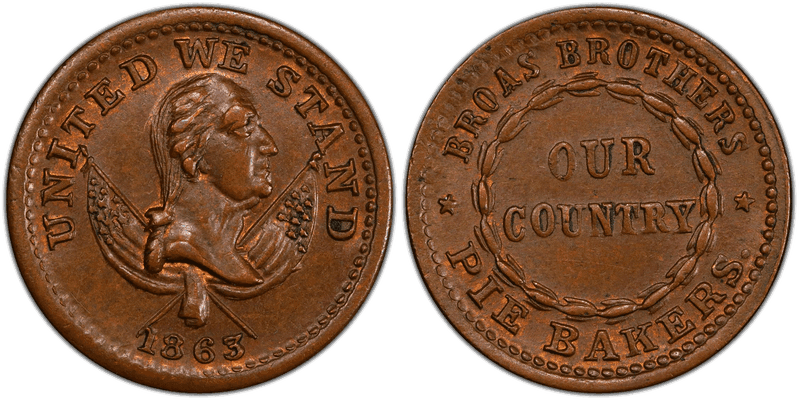 (1863) Copper Civil War Store Card F-630M-13a, GW-663, Broas Brothers NY