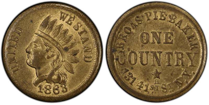 (1863) Brass Civil War Store Card F-630M-1b, Broas Pie Baker NY