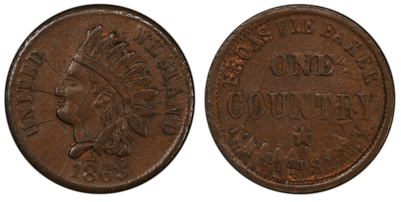 (1863) Copper Civil War Store Card F-630M-6ao, Broas Pie Baker NY
