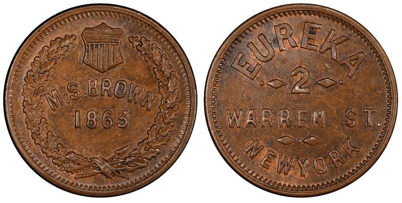 (1863) Copper Civil War Store Card F-630N-2a, M.S. Brown NY