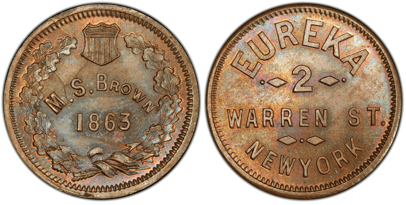 (1863) Copper Civil War Store Card F-630N-4a, M.S. Brown NY