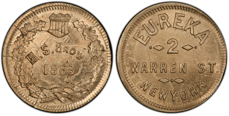(1863) Copper-Nickel Civil War Store Card F-630N-4do, M.S. Brown NY