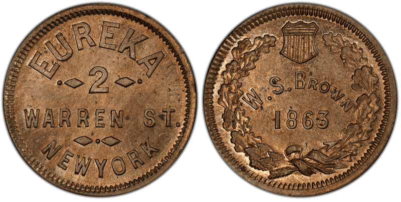(1863) Copper-Nickel Civil War Store Card F-630O-1do, W.S. Brown NY