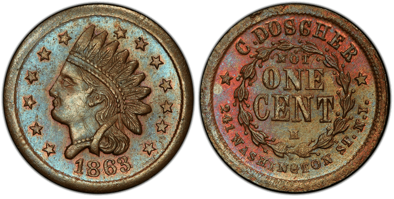 (1863) Copper Civil War Store Card F-630V-3a, C. Doscher NY